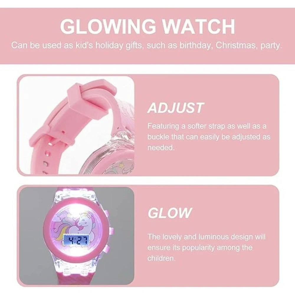 Watch Girls Unicorn‎  Pink 3D Glow Silicone Watch and Rainbow Beads